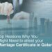 Business professional stamping a document with the Doha skyline in the background, accompanied by the text 'Top Reasons Why You Might Need to Attest Your Marriage Certificate in Qatar.