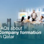 Diverse professionals in a business meeting discussing FAQs about company formation in Qatar. Modern office setting with a presentation highlighting the importance of understanding company formation procedures in Qatar.