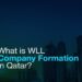 Skyline of Doha, Qatar at dusk with the text 'What is WLL Company Formation in Qatar?' highlighting business opportunities and setup services in the region.
