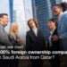 Group of diverse business professionals smiling and networking outdoors with modern skyscrapers in the background, discussing foreign company ownership in Saudi Arabia from Qatar.