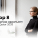 A professional woman in a black turtleneck and glasses looks out of a window with a thoughtful expression. The text overlay reads 'Top 8 Business Opportunity in Qatar 2025' in bold black letters on a white gradient background.
