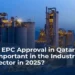 EPC Approval in Qatar – A crucial requirement for the industrial sector in 2025. The image showcases a large industrial facility at dusk, representing engineering, procurement, and construction (EPC) regulations in Qatar's growing infrastructure and energy sectors.