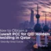 The image features the Kuwait Towers against a city skyline at dusk, with a title overlay that reads: "How to Obtain a Kuwait PCC for QID Holders Residing in Qatar – A Step-by-Step Guide." This text suggests that the image is related to a guide on obtaining a Police Clearance Certificate (PCC) from Kuwait for individuals with a Qatar ID (QID) living in Qatar.
