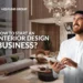 A promotional image for Helpline Group featuring a smiling man in traditional Middle Eastern attire using a tablet, set against a modern, stylish living room interior. The text on the image reads: "How to start an interior design business?